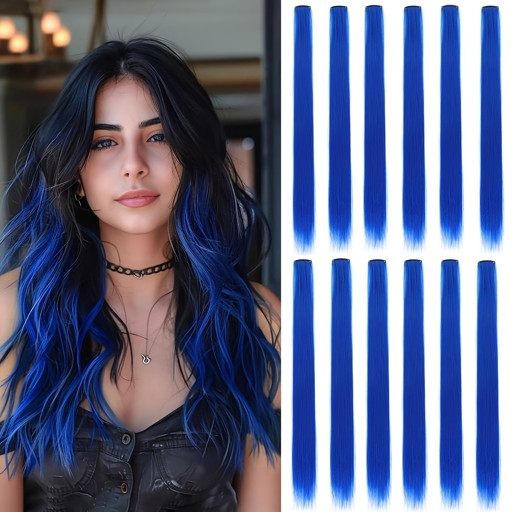 TEMU 12 piezas de extensiones de clip para cabello , extensiones de resaltos de de color para mujeres, postizo sintético liso de 24 pulgadas