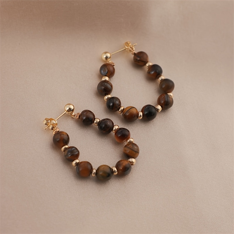 

1 Pair Vintage Tiger Eye Bead Earrings, Copper With Nickel-free Plating, Natural Stone, Fashionable & Personalized, Ideal For & , Perfect Valentine's Day Gift For Her