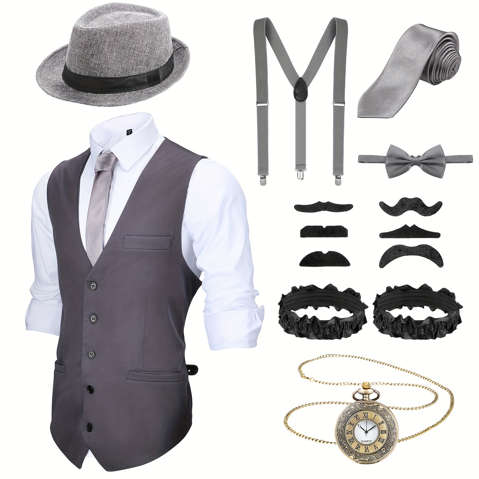 

1920s Mens Costume Outfit With 20s Vest Hat Pocket Watch Suspenders(medium, Gray)