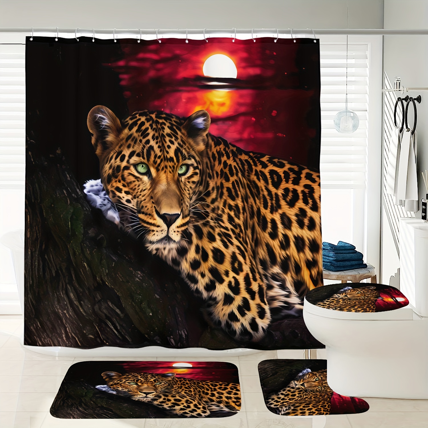 

1/3/4pcs Sunset Pattern Digital Printed Waterproof Shower Curtain Toilet Seat Bath Mat Set, With 12 Plastic Hooks, 72 Inches X 72 Inches