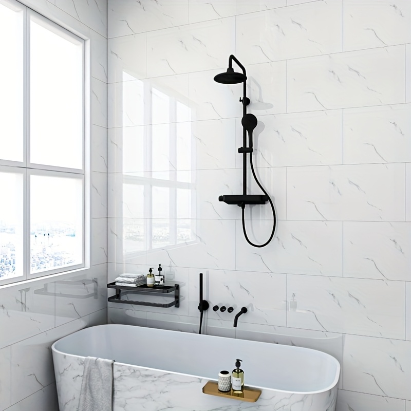 20-Pack Self-Adhesive Marble Wall Panels Set -Oversized White &Grey/Black Marble Sheets, Peel & Stick Removable Vinyl Planks, Bathroom, Kitchen, Living Room-Glossy Finish, Easy Install/Remove, Reusablelmitation Stone