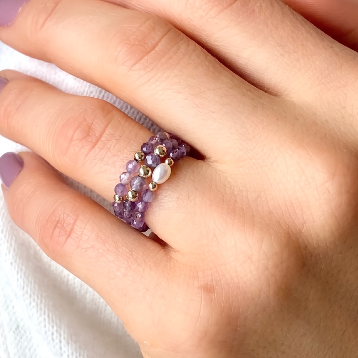 3pcs set amethyst ring beaded ring stretch ring stackable ring   birthstone ring fashion creative ring for festival and daily wear ideal gift