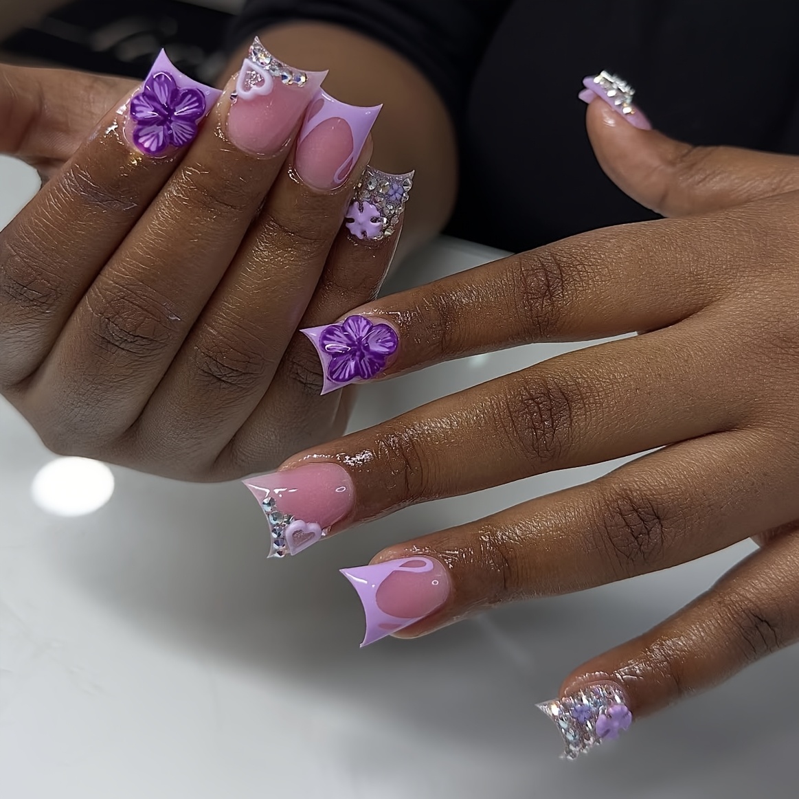 10pcs Set of Handmade Wearable Nails for Women, Full Coverage Nail Stickers, Reusable Medium Length Duckbill French Tips, Nude Pink Purple French Love Heart Sequin Butterfly 3D Relief Carving Bright Manicure