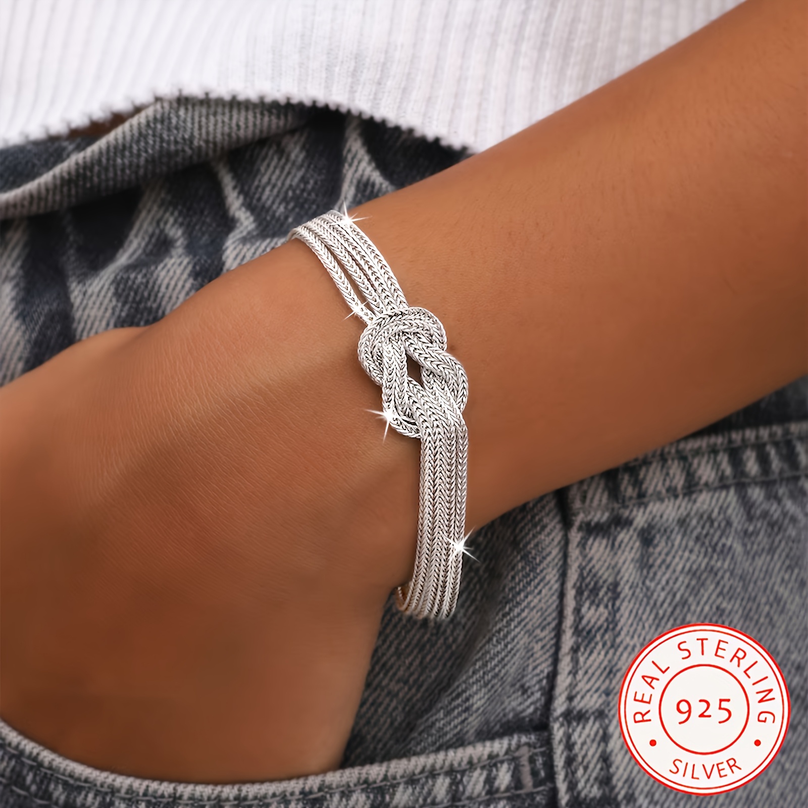 TEMU 1pc Boho Hip Hop Style 925 Sterling Silvery Double Layer Chain Knot Bracelet For Women, Allergy-free, Durable Silvery Plating, Daily Wear & , Ideal Christmas & Valentine's Gift