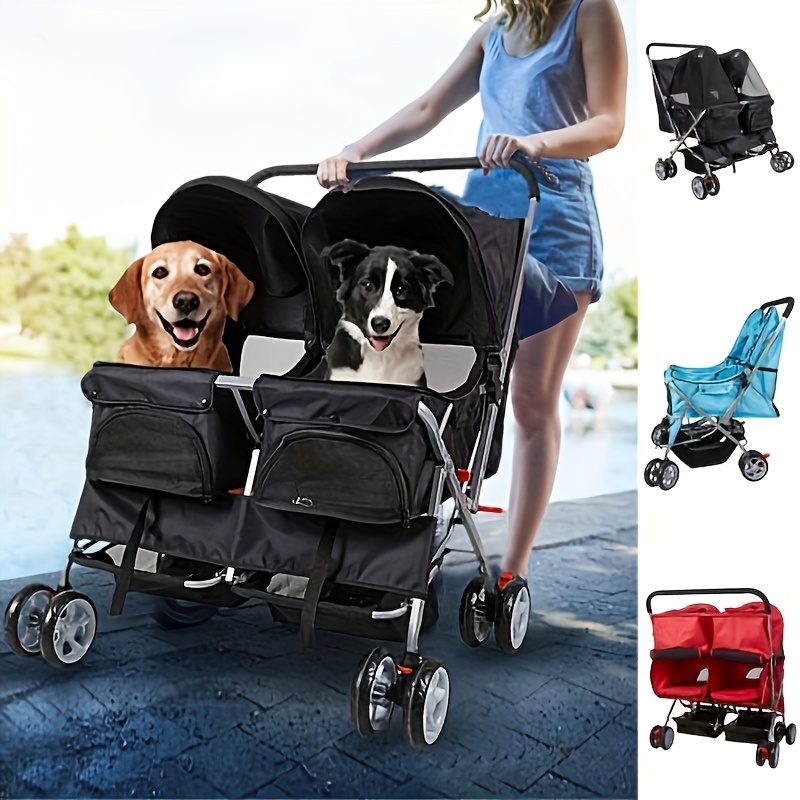 

Double Pet Stroller Folding 4-wheel Dog Cat Twin Carrier Jogger Travel Pushchair, Multiple Colors