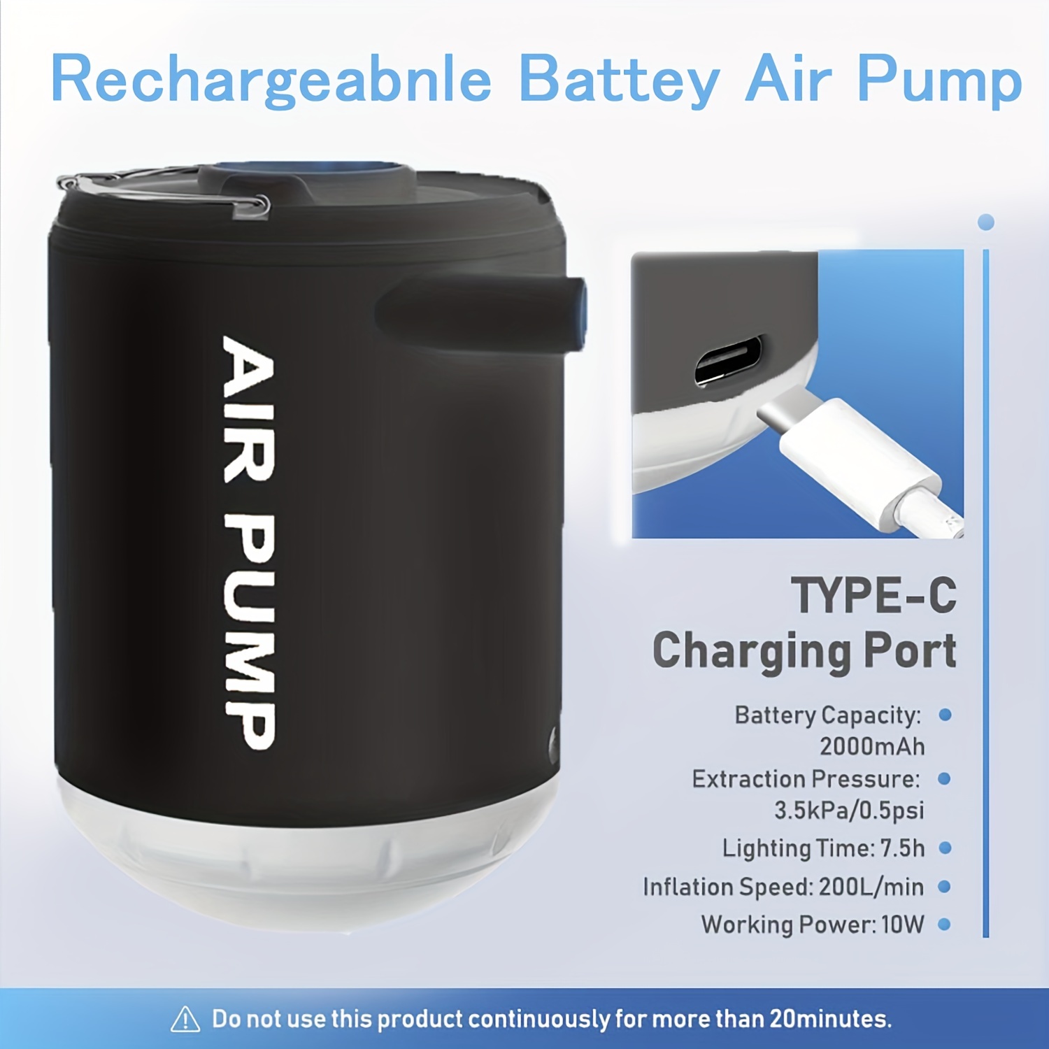 ultra compact portable air pump with camping light usb rechargeable 2000mah battery for pool floats air mattresses pump and battery jumper battery powered air pump details 5