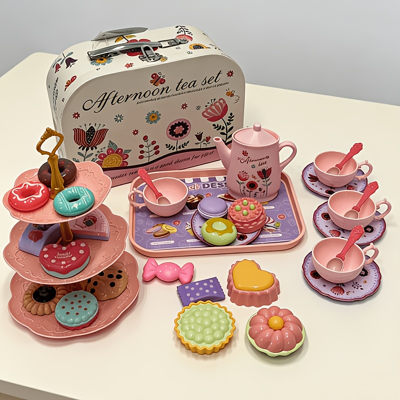 TEMU Luxurious Pretend Play Tea Set For Children - Vibrant Simulated Kitchen Utensils Featuring Floral Teapots, Cups, Plates, And Desserts, Perfect