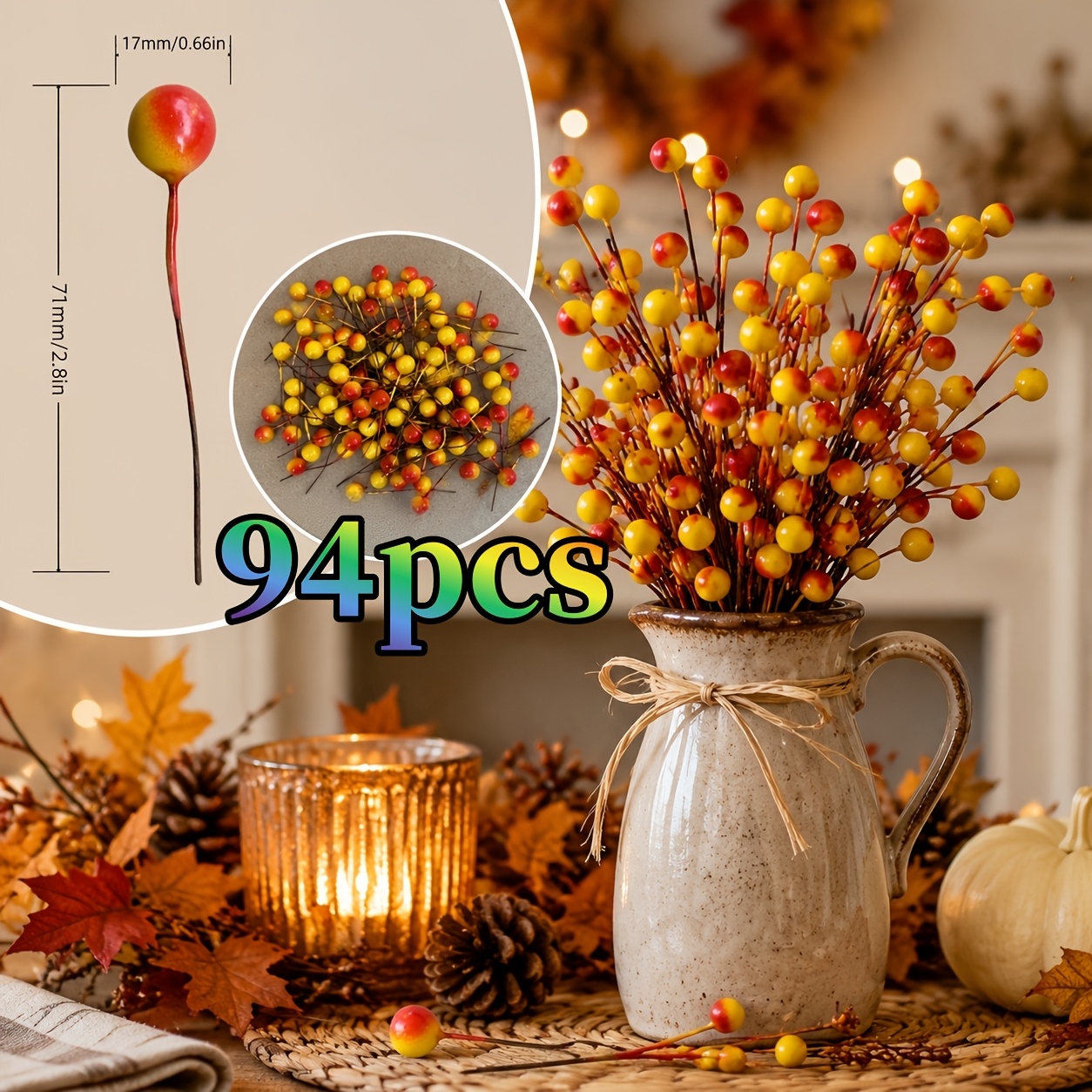 TEMU 94-stem Artificial Flowers, Thanksgiving Berry Branches, Hand-twisted Stems, Suitable For Decoration, Vase Arrangements, Autumn-winter And