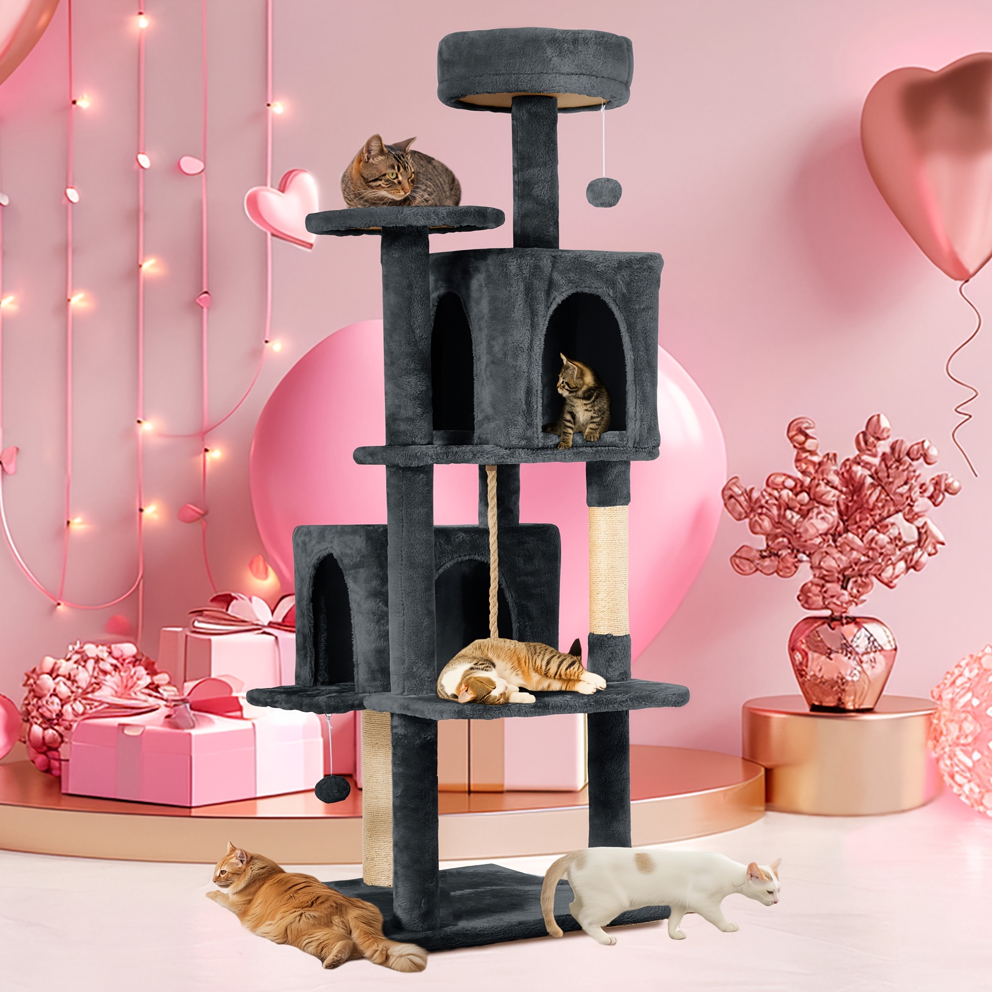 

Tscomon 58.5 In Cat Tree, Multi-level Plush Cat Tree Tower With Cat Sisal Scratching Posts, Plush Cat House, Hanging Ball Toy, And Anti-tipping Belt For Indoor Kittens & Cats - Furniture