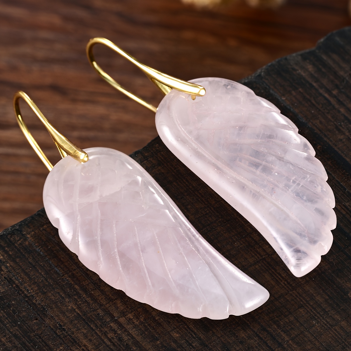 TEMU Boucles d'oreilles pendantes ailes en quartz de rose naturel, boucles d'oreilles bohèmes, bijoux pour femmes