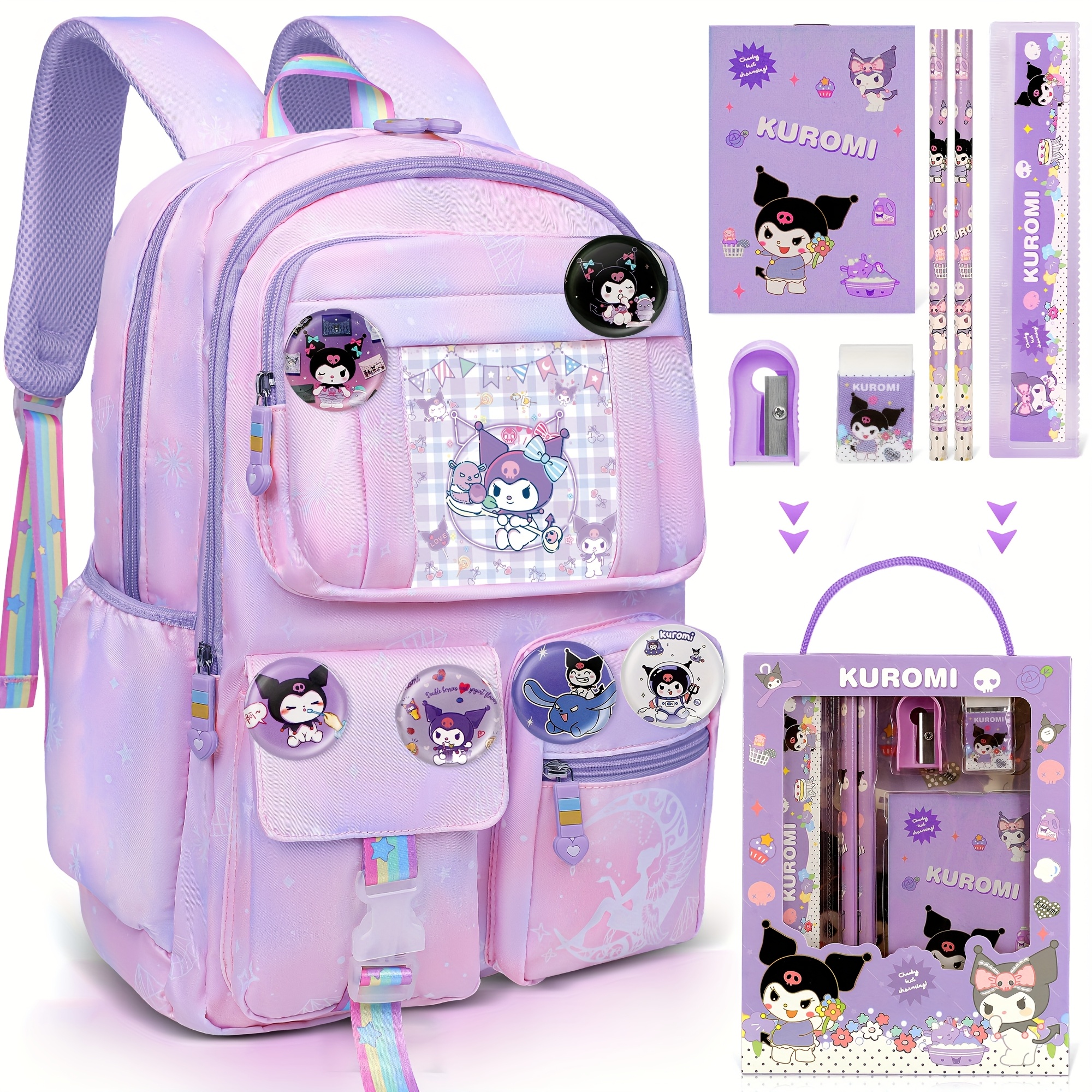 TEMU Kuromi Backpack Purple Large Capacity Backpack 6pcs Button Pins And Stationery Set Adjustable Straps Backpack Set