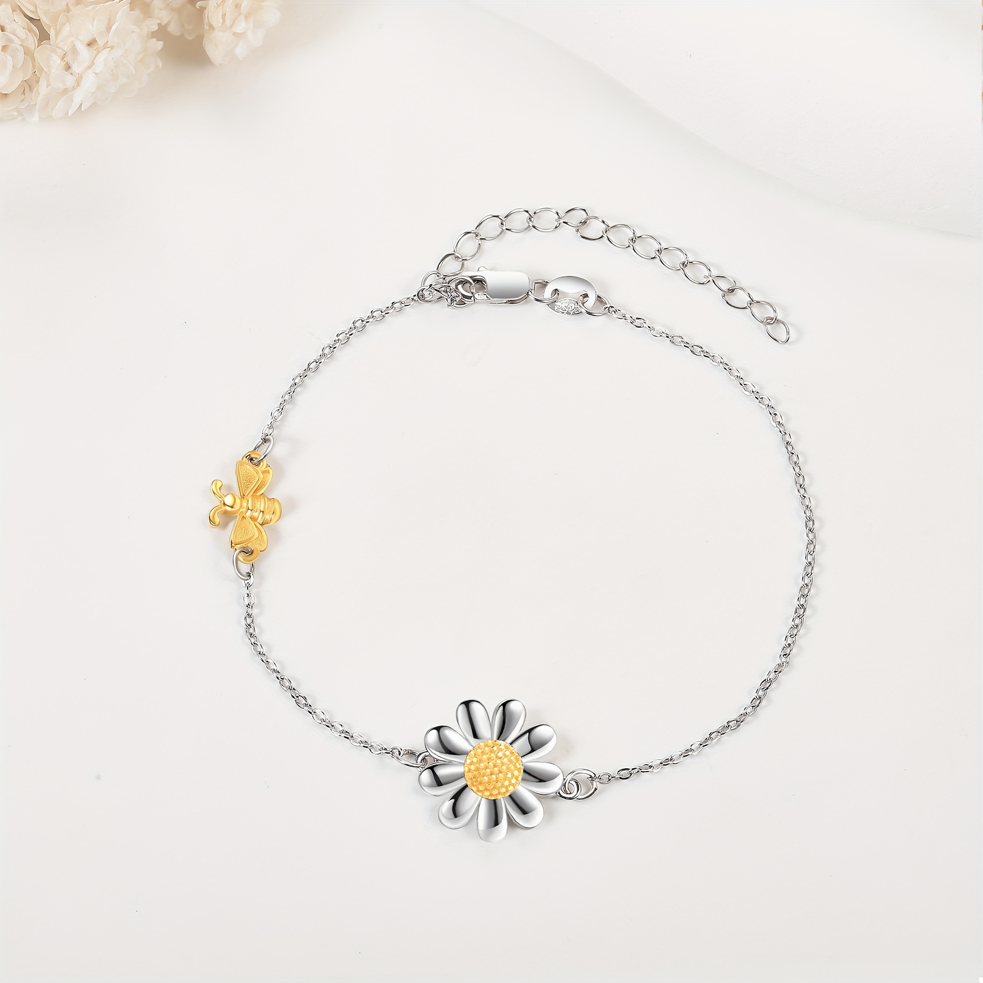 925 Sterling Silver Daisy and Bee Bracelet