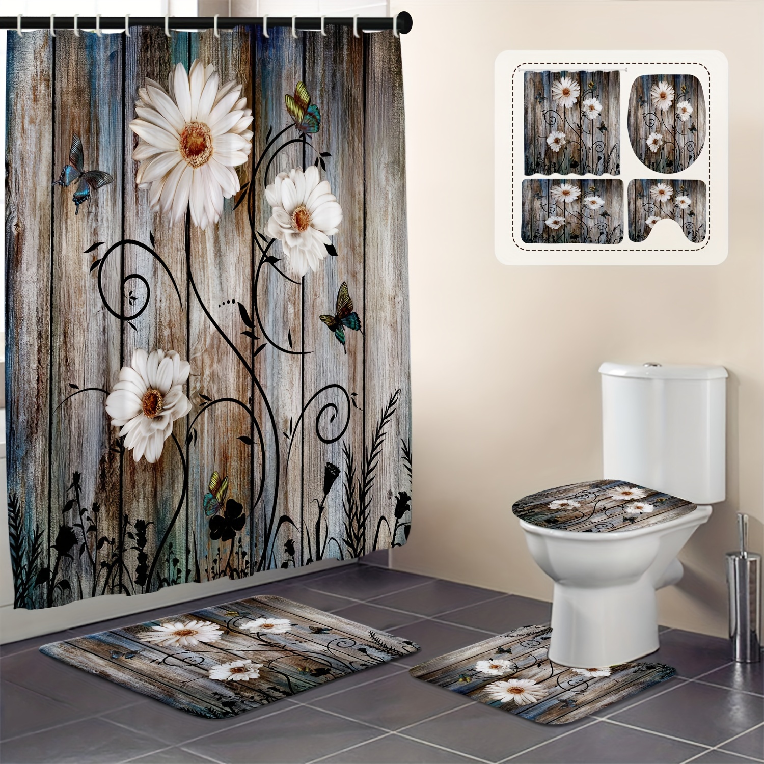 White Daisy Bathroom Decor Black Background Shower Curtain Sets w