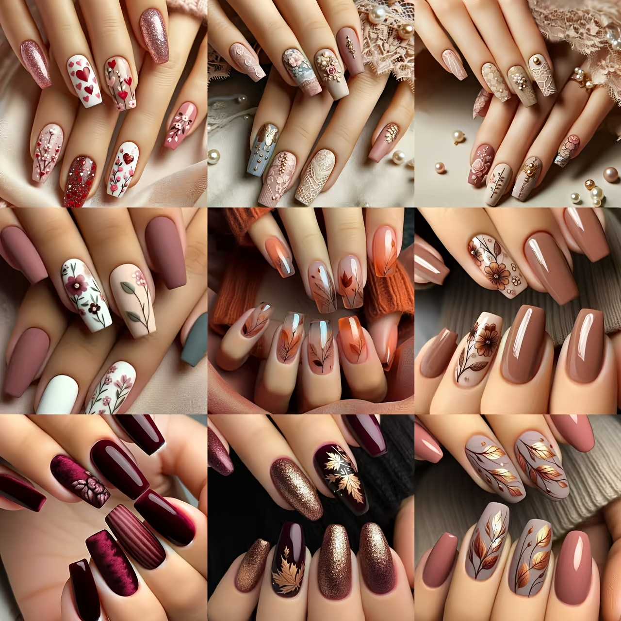 

A Set Of 216 Ballet-style Fake Nails , Featuring Leaves, Dried Flowers, And Heart Designs, Suitable For Women And For Wear, Comes With Free Jelly Glue And A Nail File.