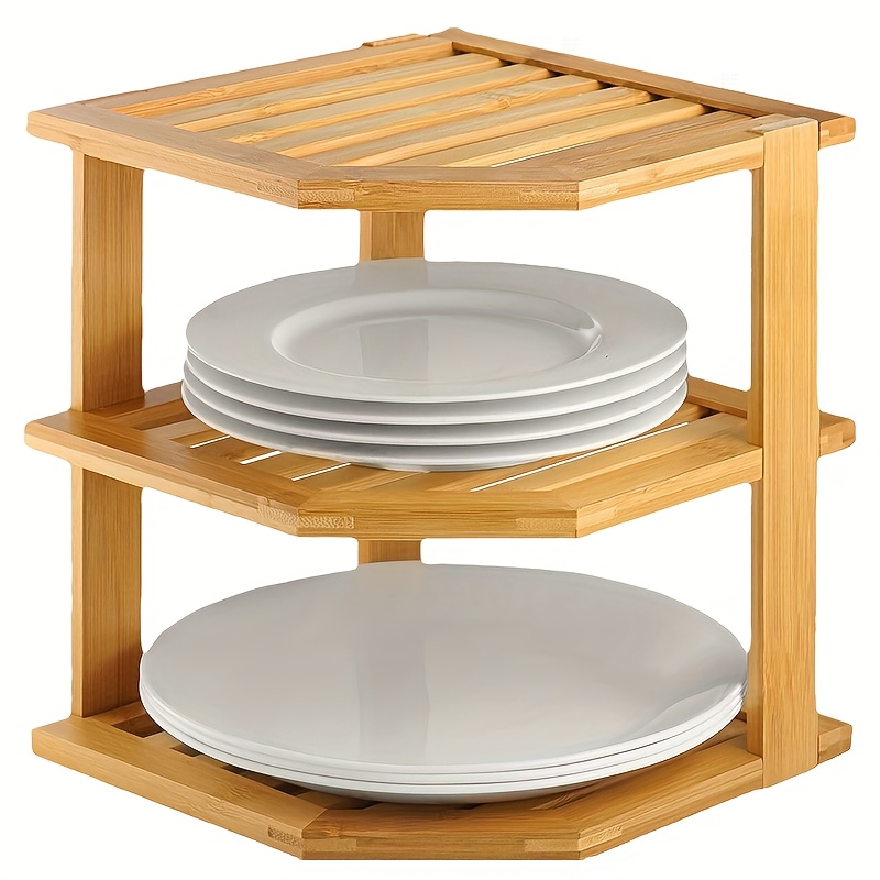 stackable bamboo corner rack kitchen storage basket plate organizer space saving cabinet suitable for utensils bowls and plates bread pantry countertop holder or bathroom storage utility racks
