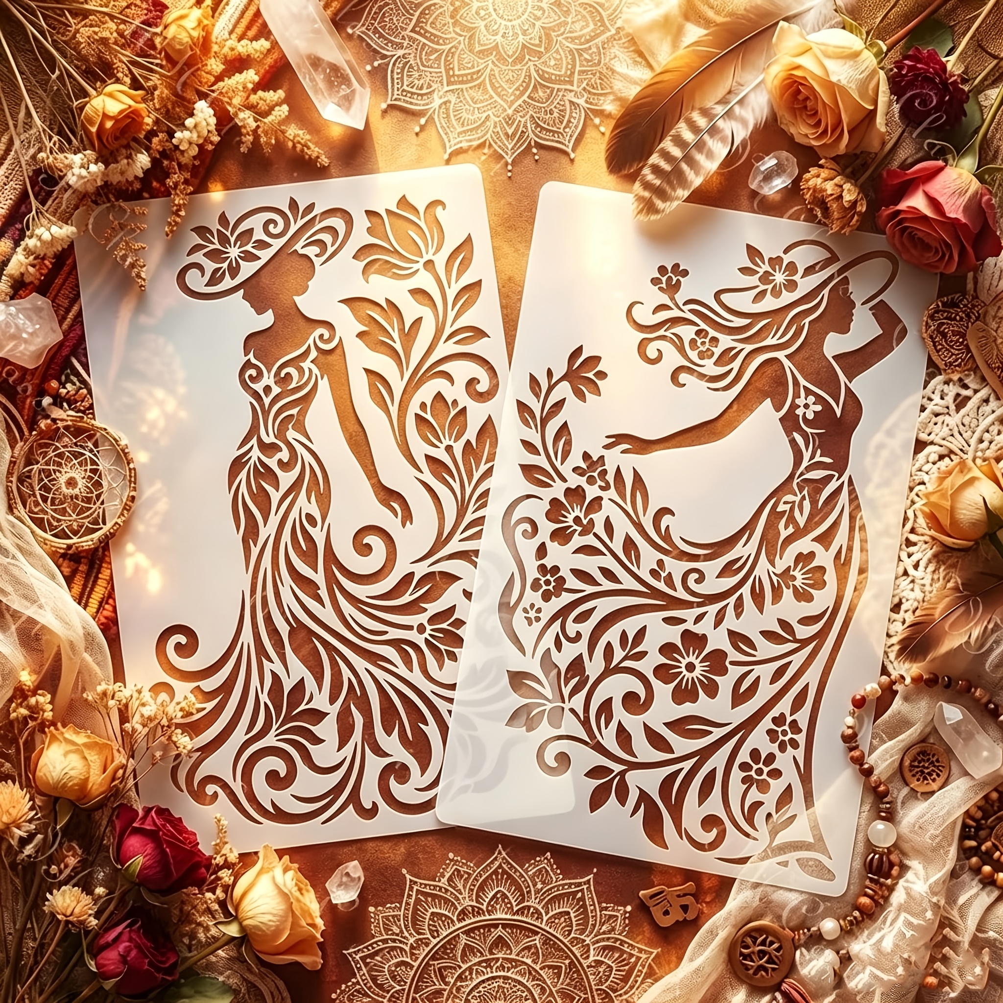 TEMU 2pcs Floral Dress Lady Silhouette Stencils, Reusable Boho Flower And Leaf Templates For Home Decor, Wall Art, Canvas, Fabric And Pillow