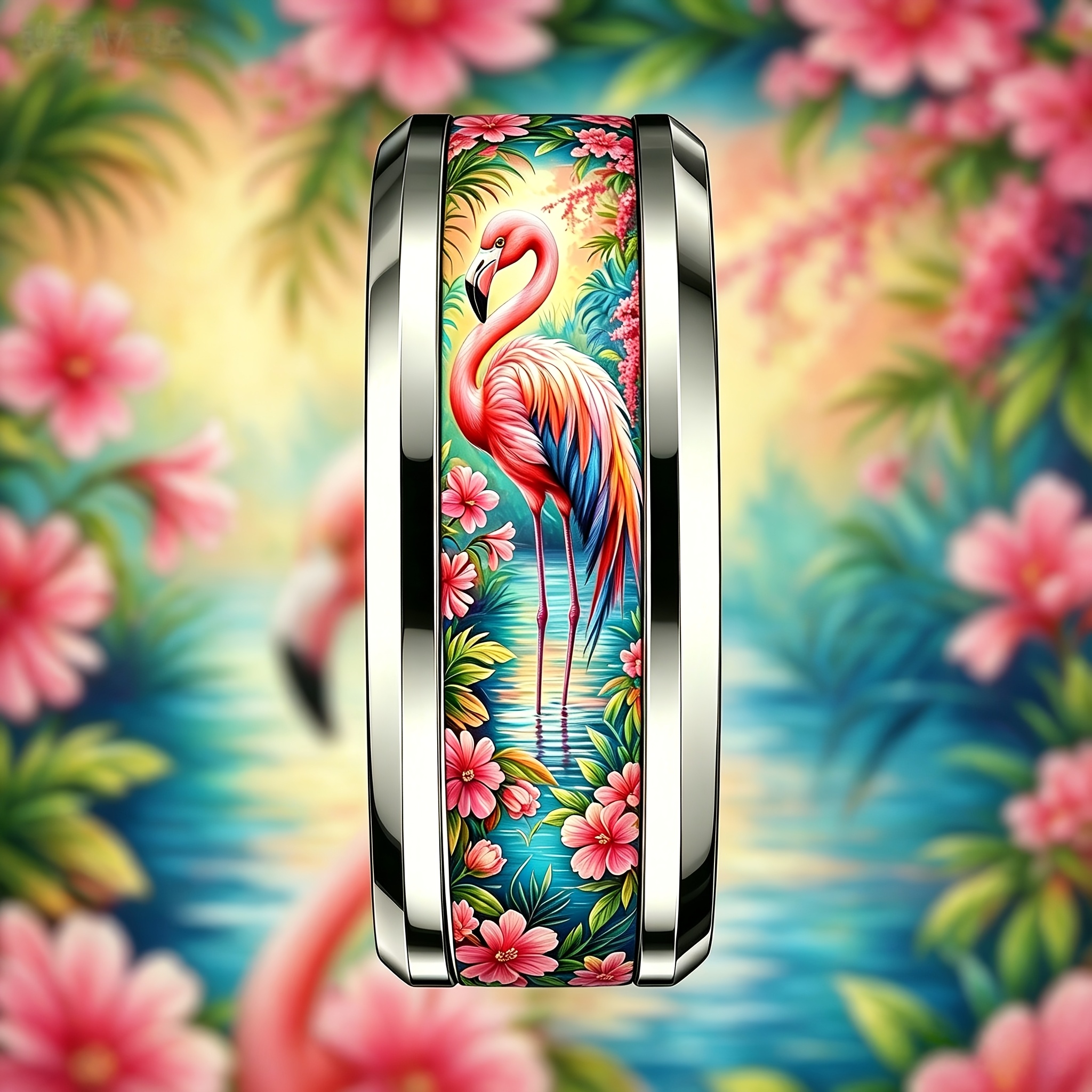 Women's Summer Tropical Flamingo Painted Stainless Steel Ring