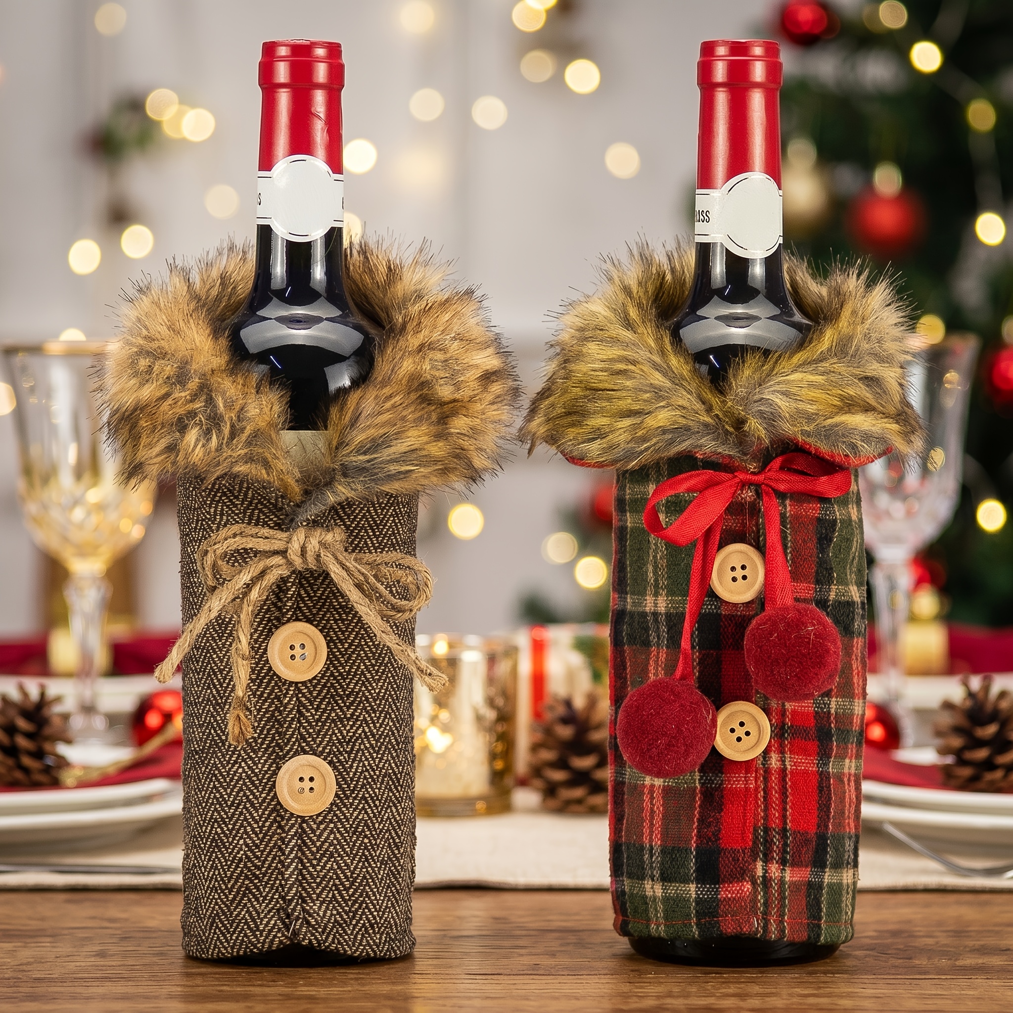 Image of 1-2pcs Christmas Wine Bottle Set - Denim Burlap Red Wine Gift Set With Bow Decoration - Holiday Decor For European And Homes
