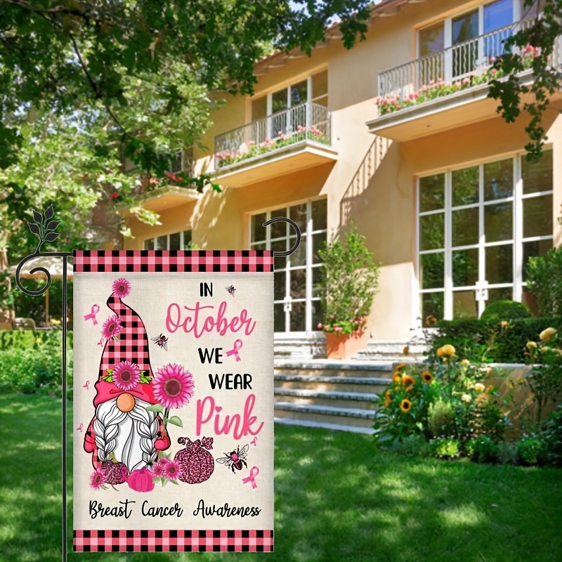 

1pc Linen Breast Cancer Awareness Garden Flag - Double-sided Decorative Flag For Yard And Outdoor, Pink Gnome Autumn Design With Sunflowers, Pumpkin, And Buffalo Plaid - Durable, No Electricity Needed