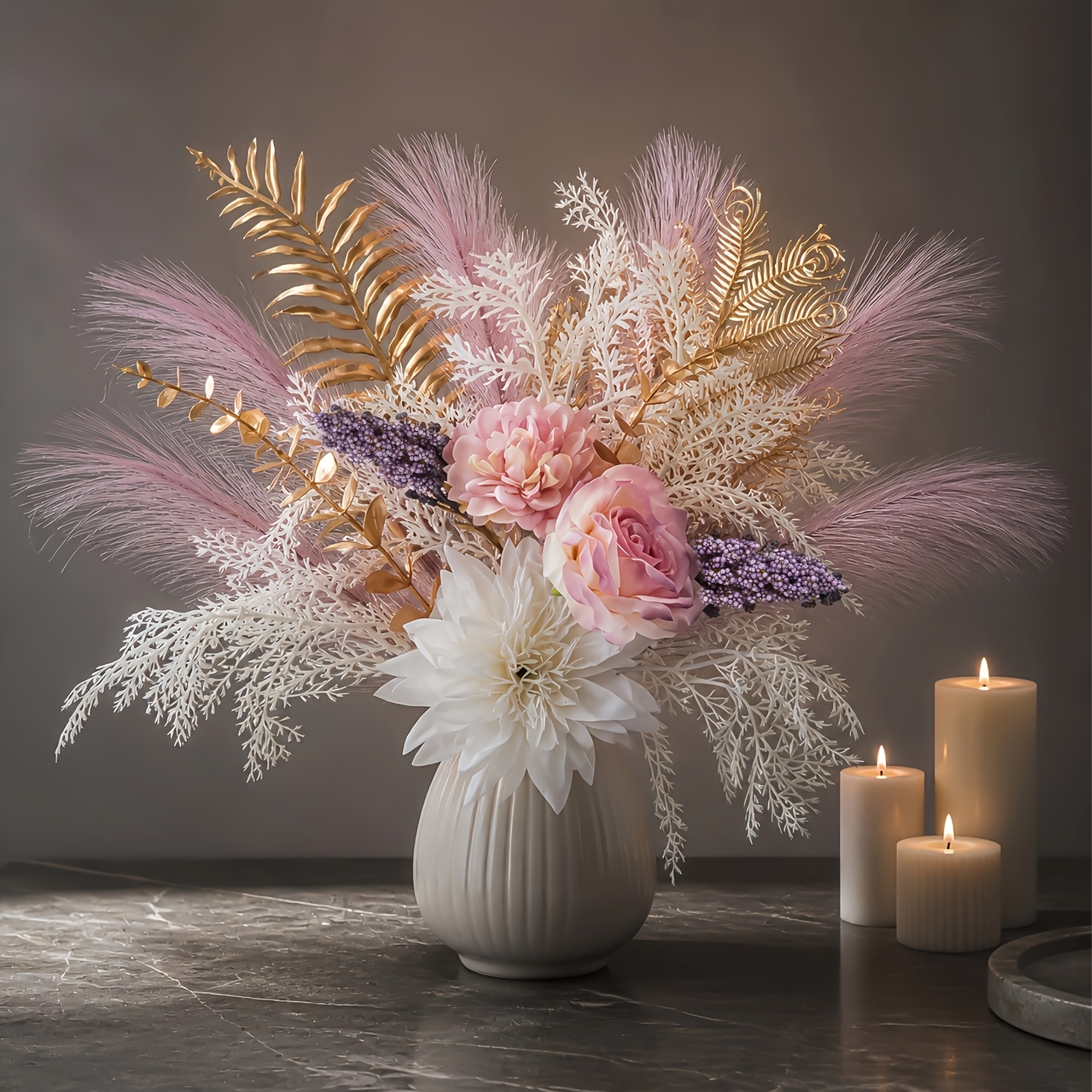 (vase Not Included) A Featuring Soft Pink And White Hues With A Shimmer; Pink Roses With White Dahlias And Purple Accents, With , , And Arrangement