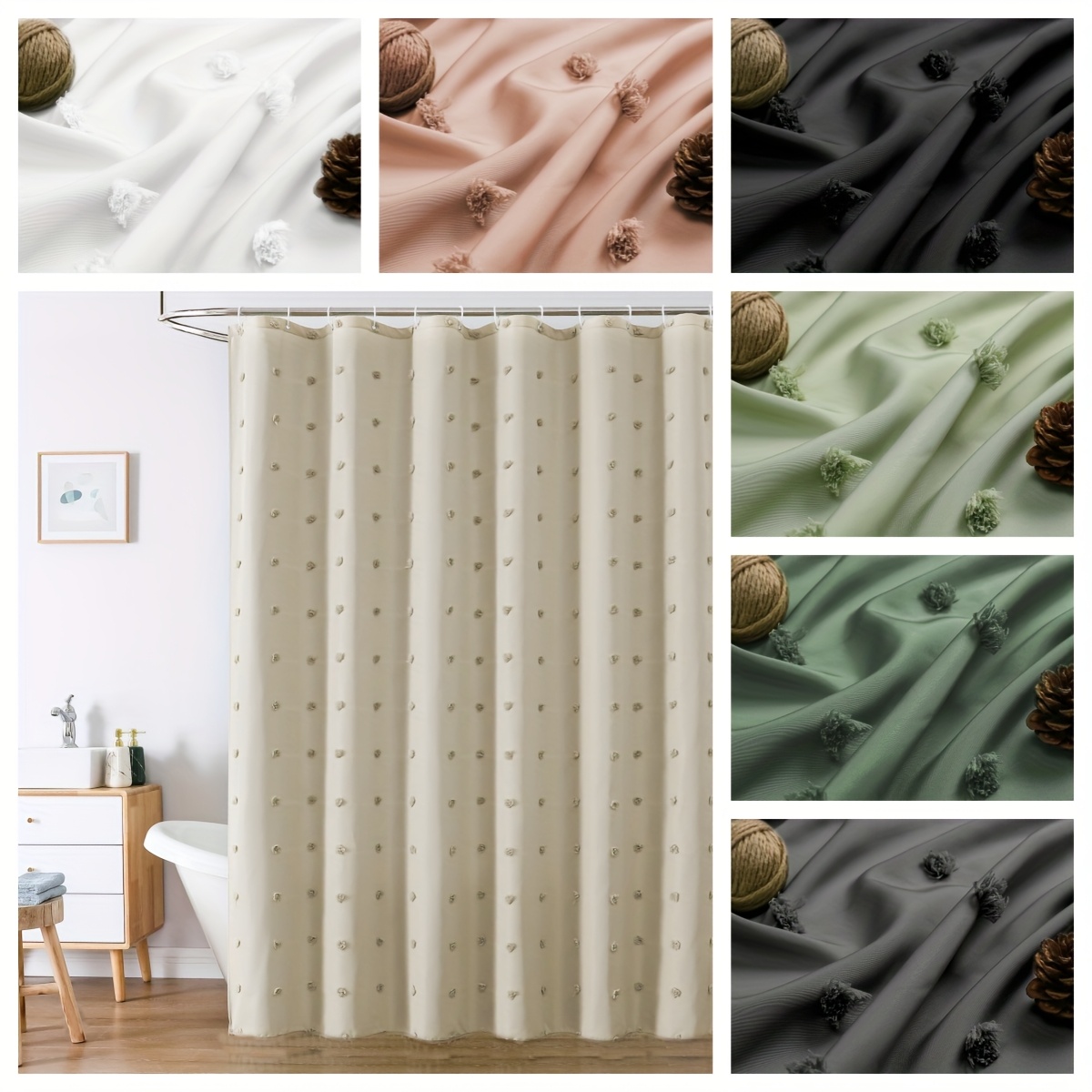 Bohemian Chic Polka Dot Shower Curtain with White Hooks, Machine Washable