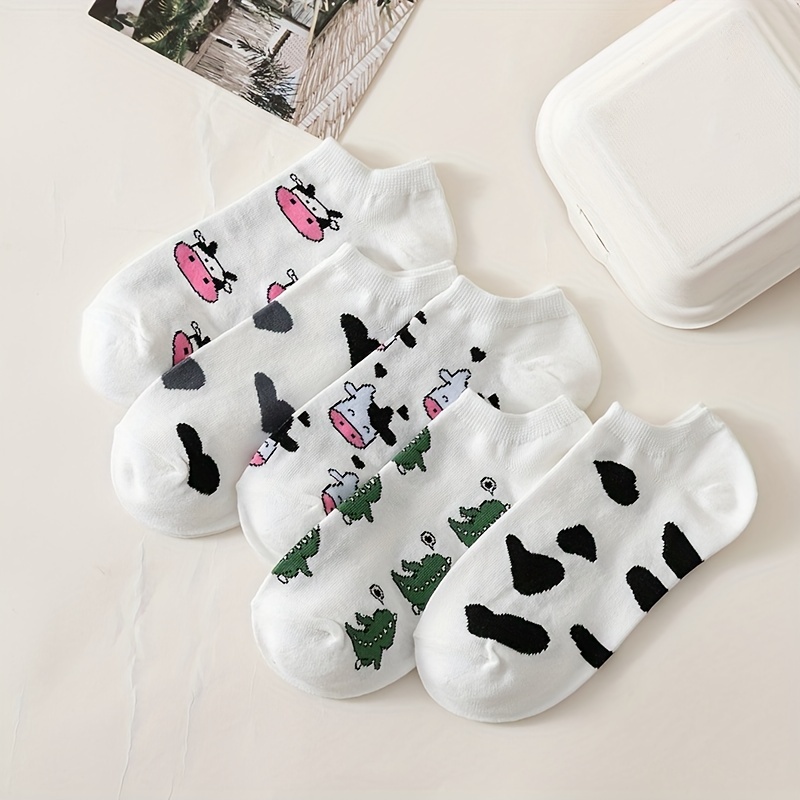 

5 Pairs Cute Cow Pattern Breathable Boat Socks, Comfy & Simple Low Cut Invisible Socks, Women's Stockings & Hosiery