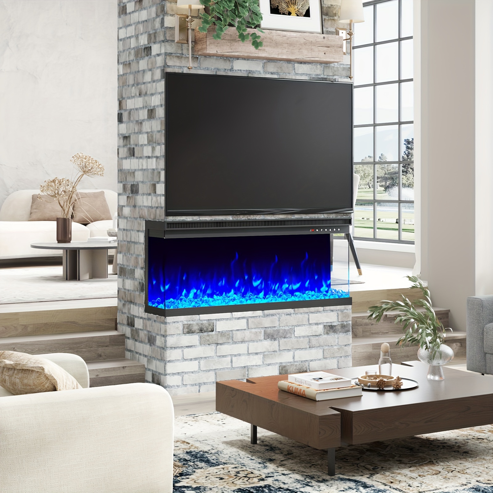 

3 Sided Electric Fireplace Of Tempered Glass Panels & Log And Crystal, Fireplace Heater With 9 Flame Colors & 5 Brightness Levels & 2 Power Modes, Noisy Free, Recessed