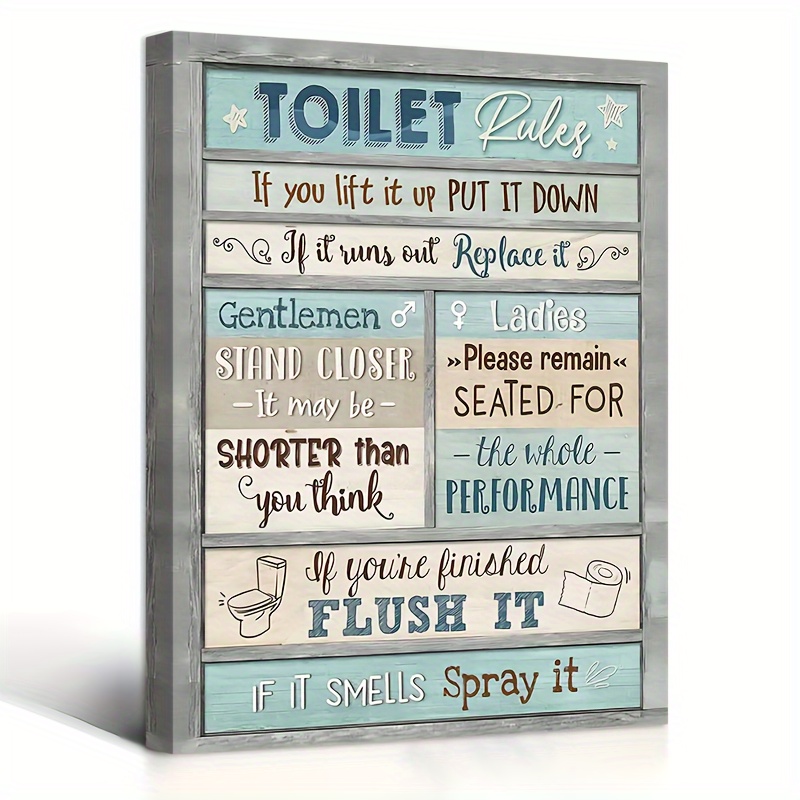 

1pc Wooden Framed Canvas Painting, Toilet Rules Canvas Wall Decor, Bathroom Sign Pictures, Print Painting Artwork Decoration For Bathroom 11.8inch*15.7inch