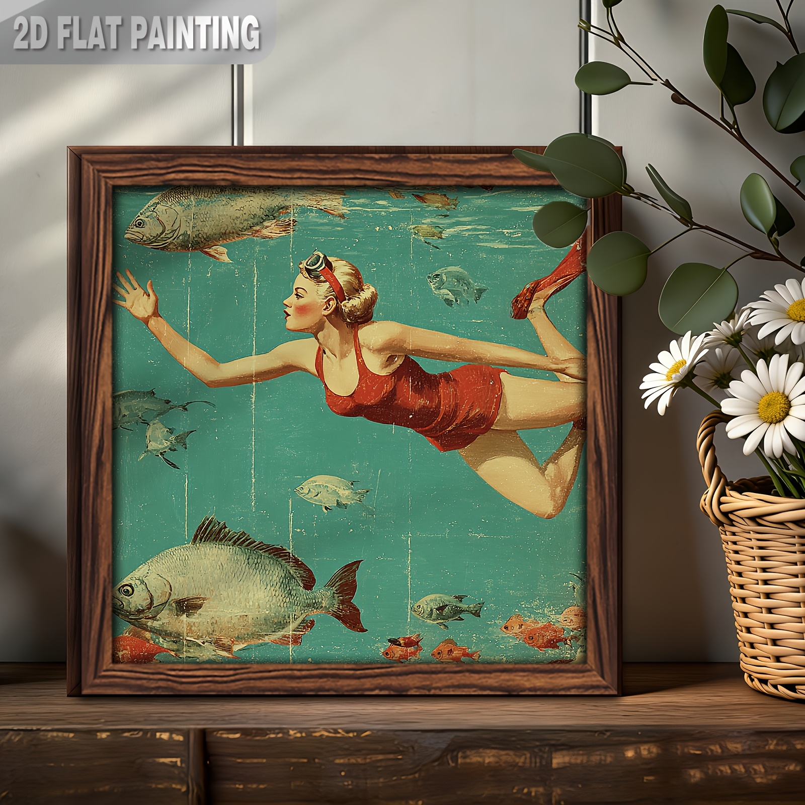 TEMU 2d Flat, 2d Flat, 1pc, Farmhouse Paintings, Vintage Swimmer Framed Wooden Sign, Retro Swimming Wall Decor For Home, , Cafe, 8x8 Inch