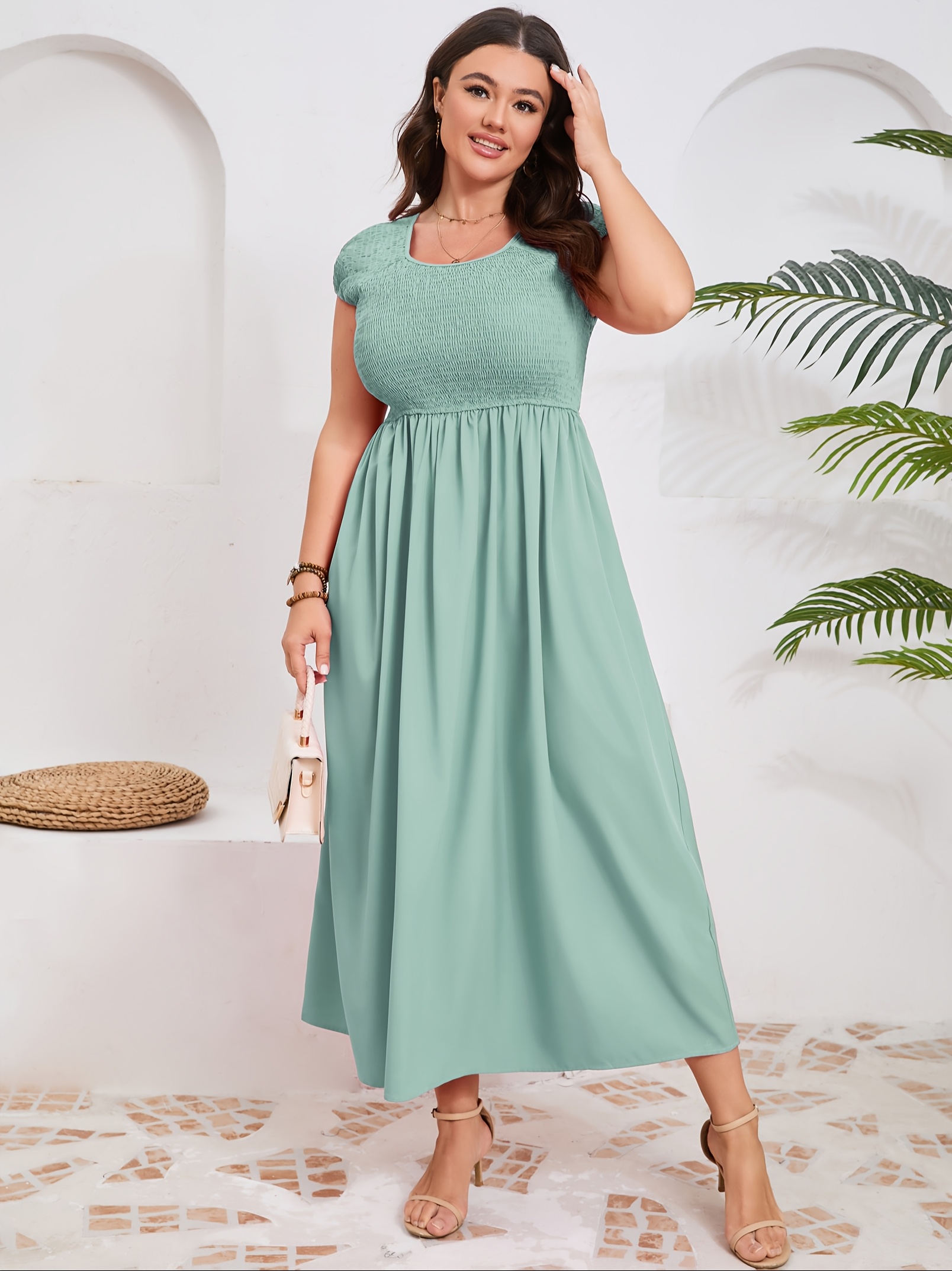 Women'S Plus Size Maternity Maxi Dress Summer Casual Round Neck Short  Sleeve Smocked High Waist Maxi Dresses With Pockets