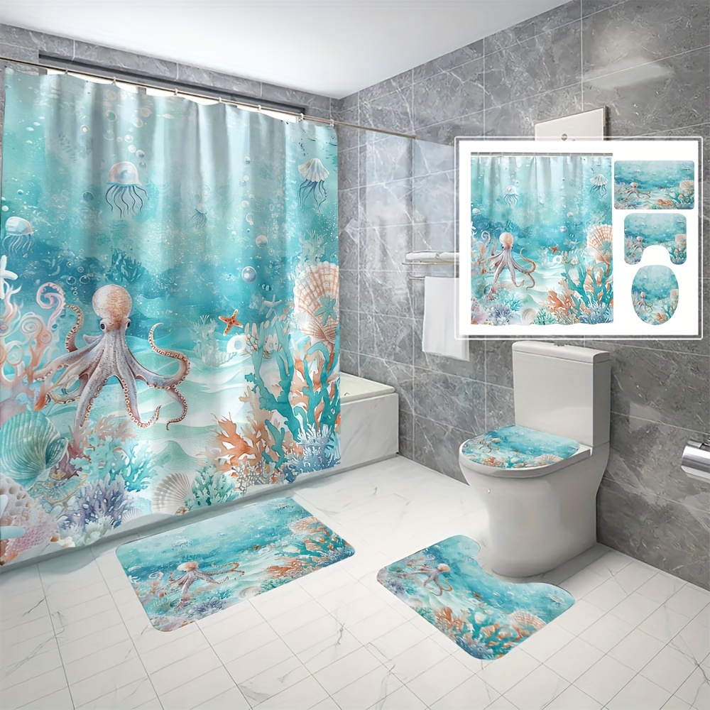 

oceanic Charm" 4-piece Ocean Life Shower Curtain Set - Waterproof & Mold-resistant With 12 Hooks, Non-slip Bath Mat, U-shaped Rug, And Toilet Lid Cover - Cartoon Octopus Design For All Seasons