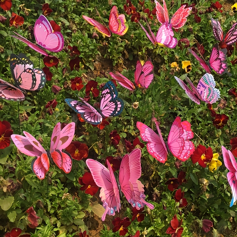 E-shop 10 Lebendige 3D Doppelschicht Schmetterlings-Gartenstecker, 3,15 Zoll - Farbenfrohe PVC-Außen-Deko, Ideal für Rasen, Blumenbeete Romantische