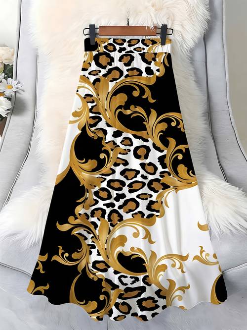 item picture a womens skirt featuring pockets with a leopard pattern and golden baroque swirls suitable for the beach parties casual summer events stylish designs versatile styles and festive occasions