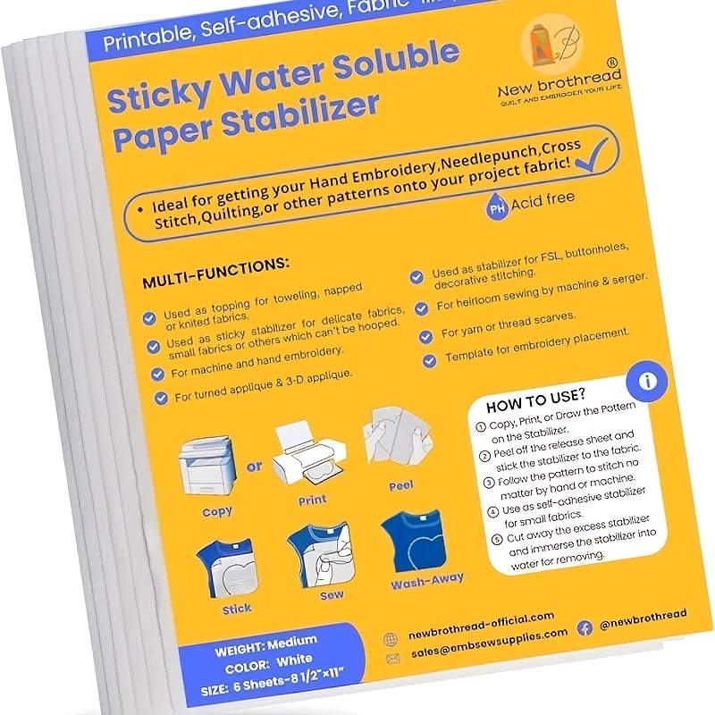 TEMU New Embroidered Water Soluble Fabric 6 Pack 8.5"×11" Sticky Water Soluble Embroidery Printable Paper – Medium Weight – Suitable For Printing Or