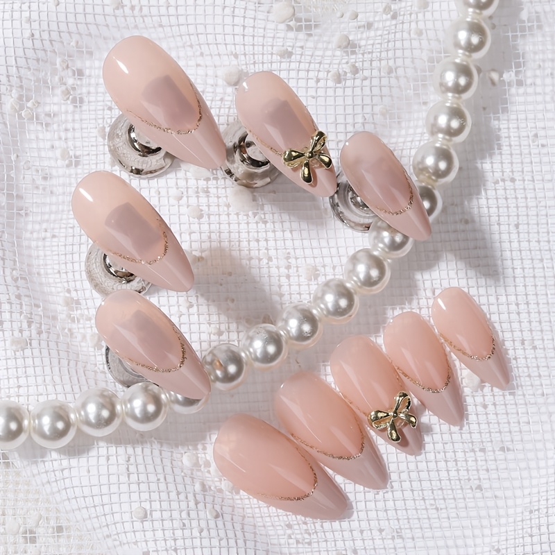 24pcs Almond Press On Nails + Nude Pink French Tip Fake Nails With 3d And + Elegant Glossy False Nails + Reusable Luxury Fake Nails Women Bride Wedding Daily Decor. With 1 Sheet Of Jelly Glue And 1 Na