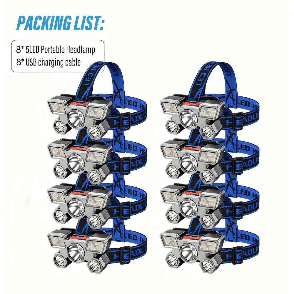 TEMU 8pcs Portable Outdoor Headlamp, 5led, Usb Rechargeable Dimmable, Lightweight Fishing Camping Headlamp, Suitable For Outdoor Travel, Camping,