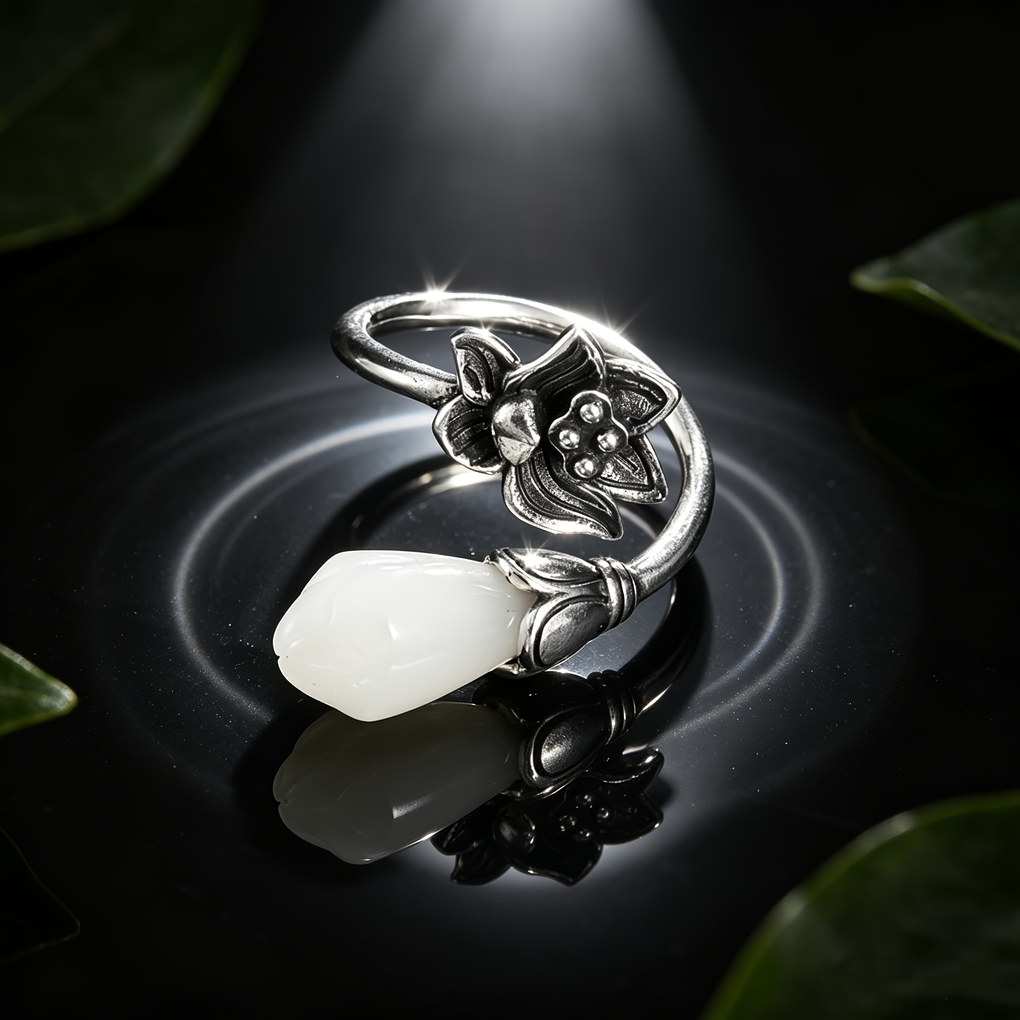 Vintage Lotus Open Ring, Artistic Floral Design for Women