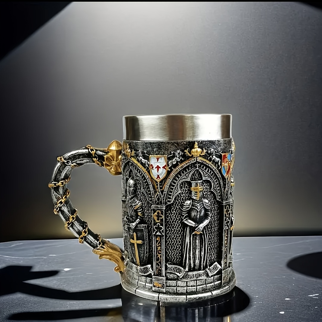 1pc Medieval Knight Beer Mug with 3D Carvings - Large Capacity Stainless Steel & Resin Vintage Design Coffee Cup