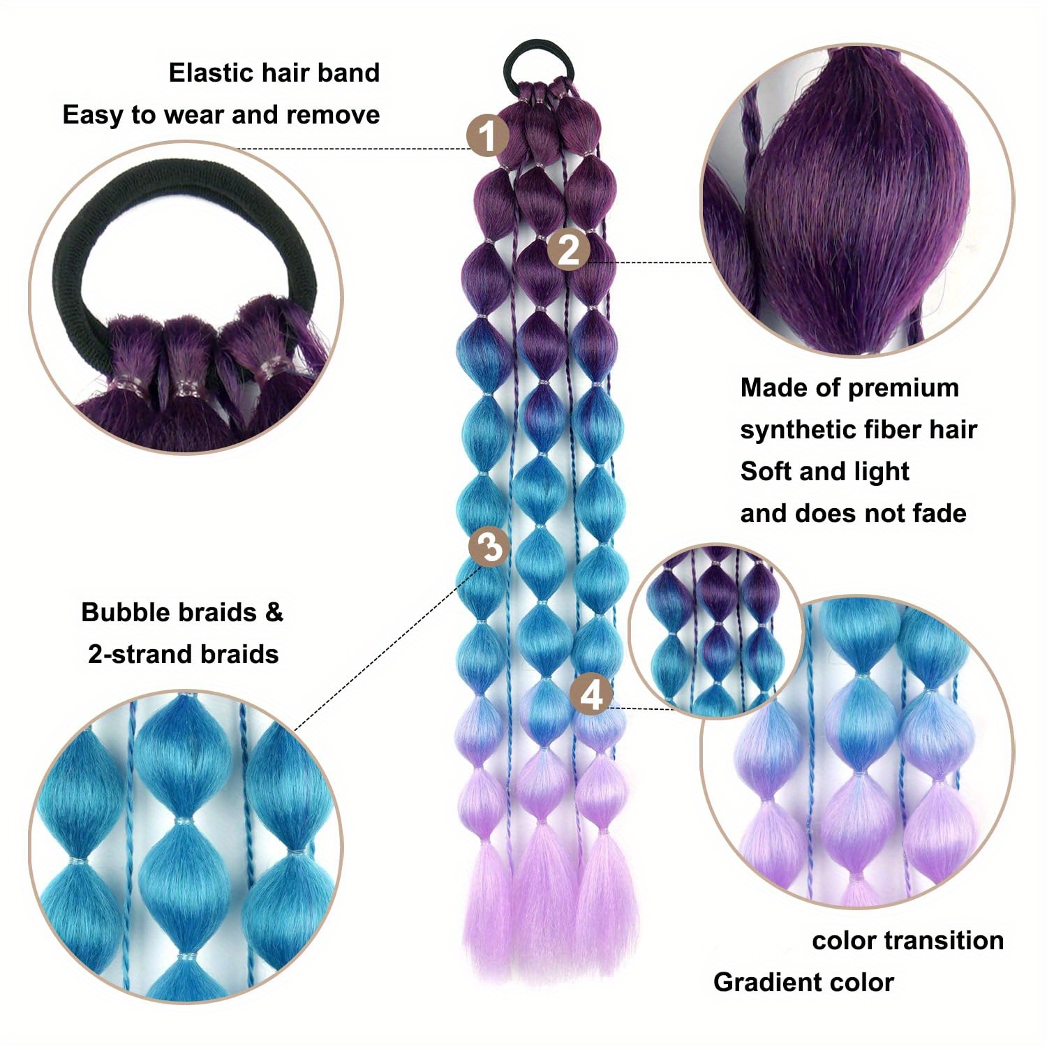 2pcs vibrant ombr ponytail extensions 24 inch lightweight colorful braided hair accessories for   for parties festivals and rave events   accessory vibrant hair extensions lightweight extensions hair accessories details 6