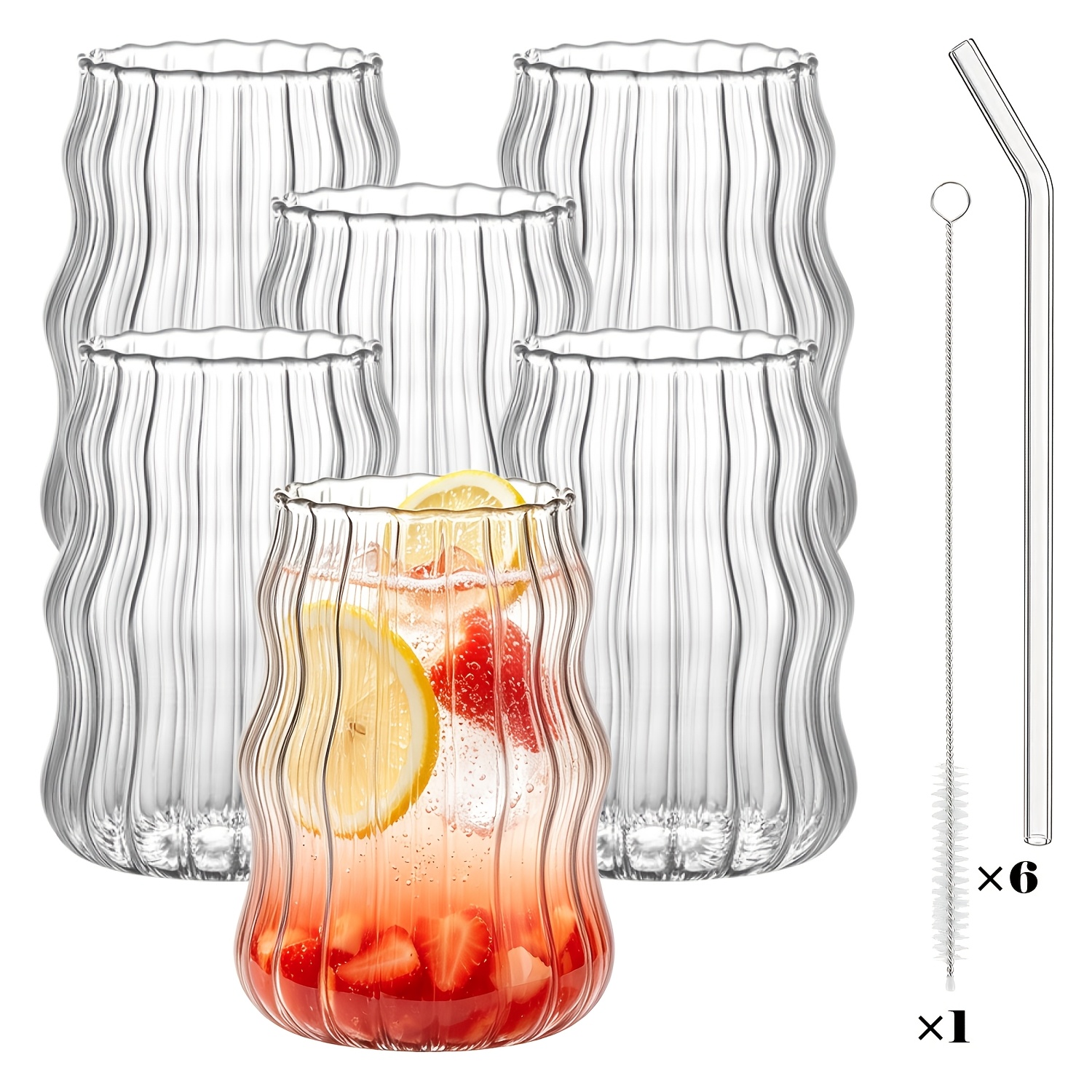 TEMU Lot de 6 gobelets mignons nuage, tasses à côtelées avec , verres rayés, gobelets d'eau rétro esthétiques, , pour smoothie, jus et thé 18oz/530ml