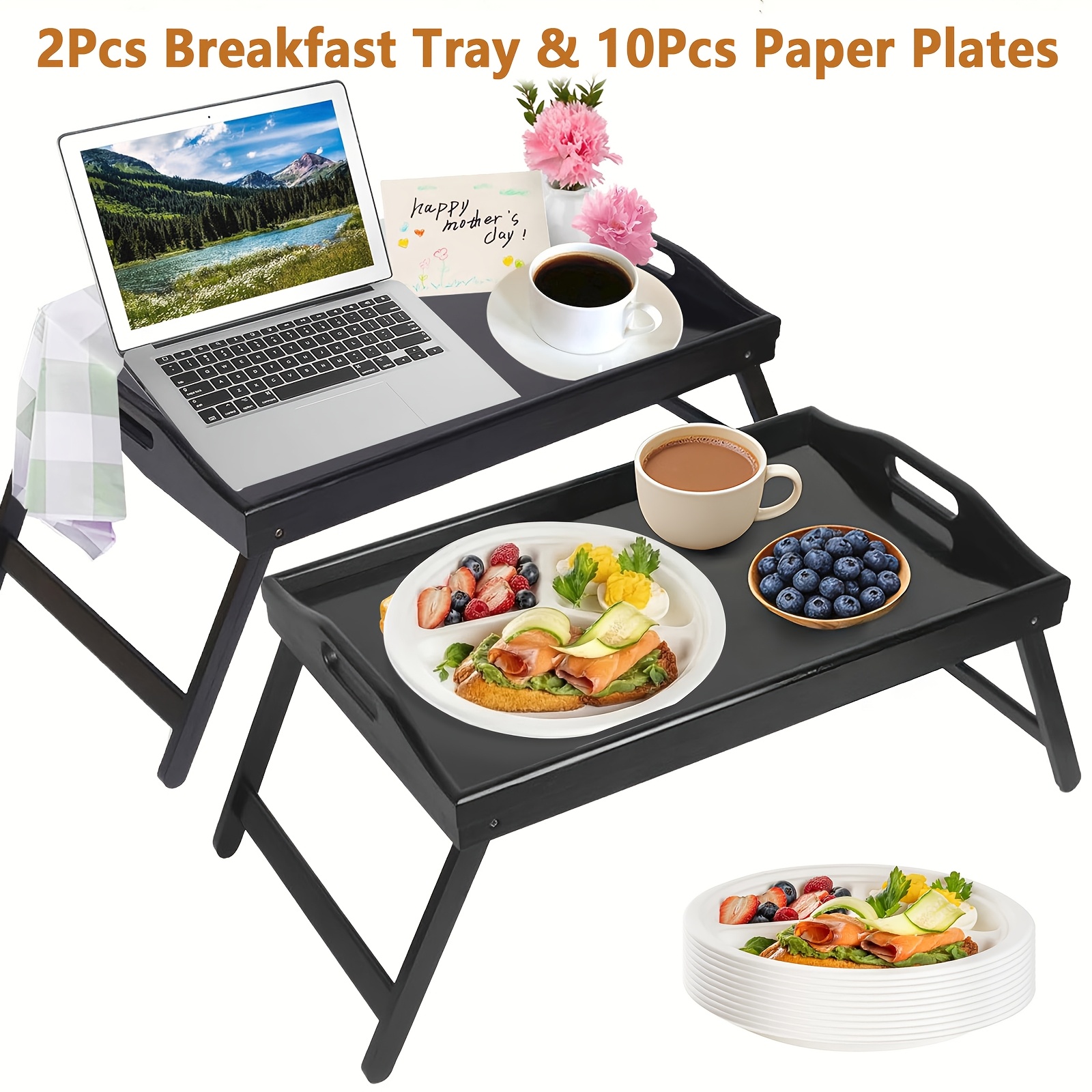 TEMU 2pcs Bamboo Breakfast Tray With Folding Legs & Handles - Extra Wide Stable Food- Tray Table For Eating, Working, Drawing - Portable Foldable