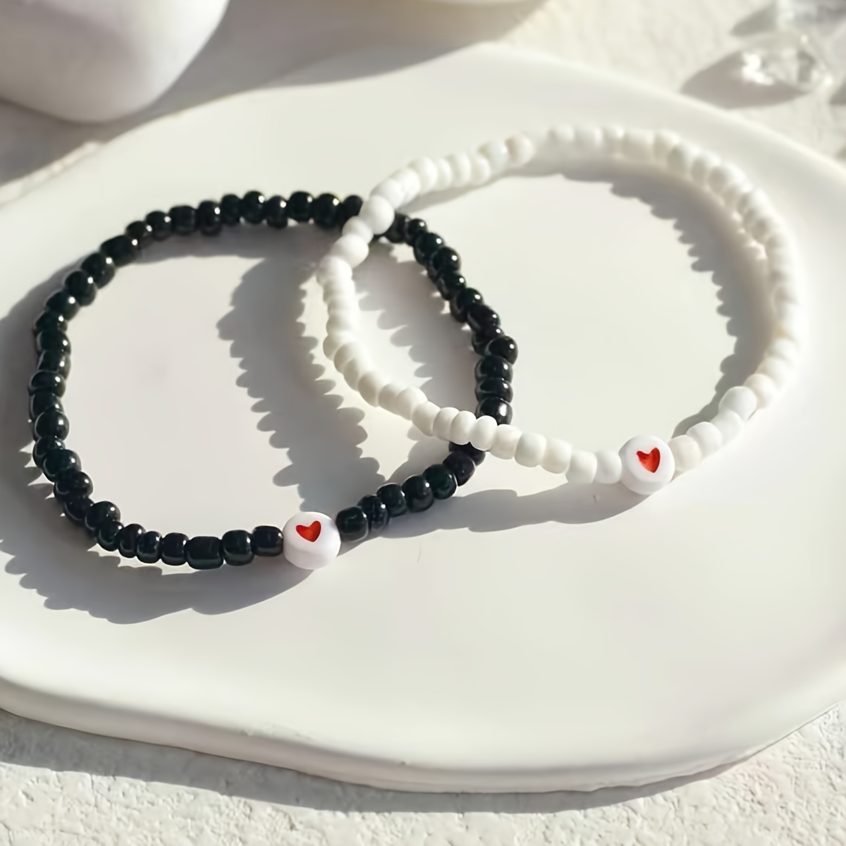 Unisex Heart Charm Beaded Stretch Bracelets Set