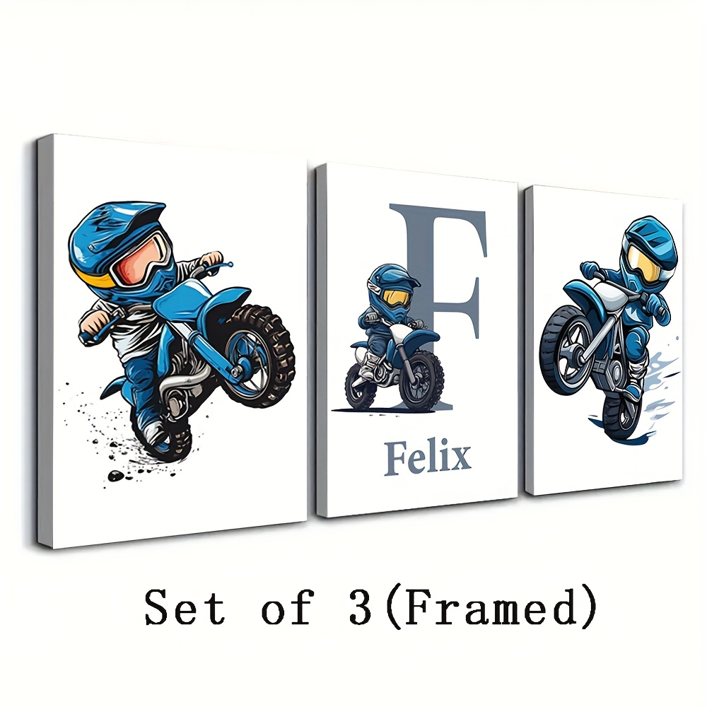 TEMU Ensemble de 3 peintures décoratives de moto cool personnalisées, plates 2D, avec impression sur toile de nom personnalisé, mural, idéal pour
