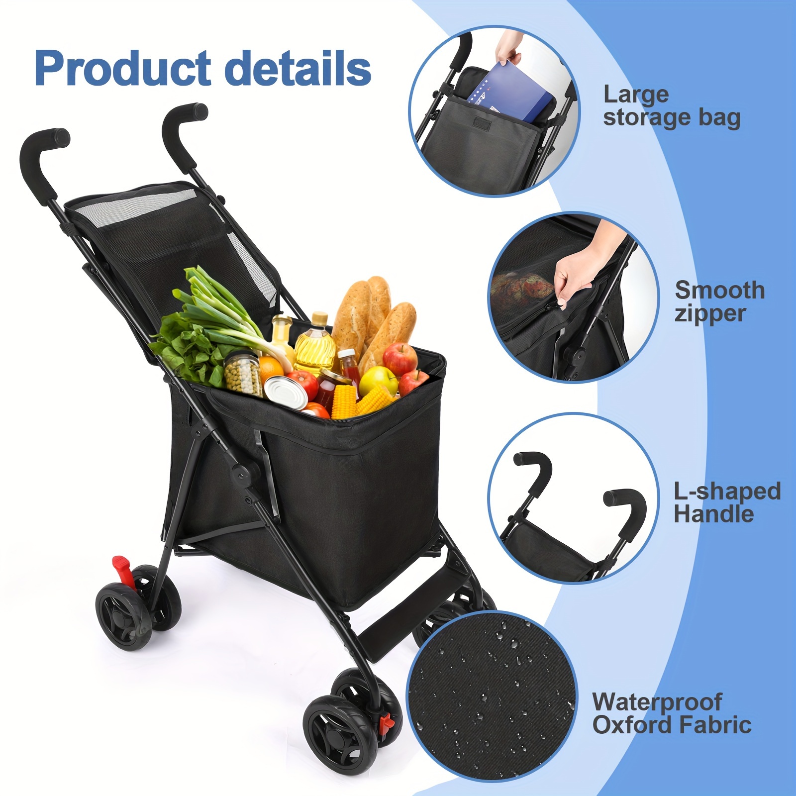 folding shopping cart the original patented 60lbs capacity minimalist black details 3