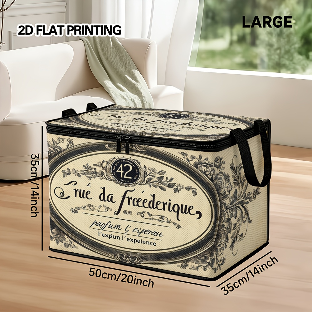 TEMU A Foldable Laundry Basket With A Vintage Newspaper , Equipped With A Zippered Lid. Constructed From Sturdy Polyester, This Storage Bin Is Great