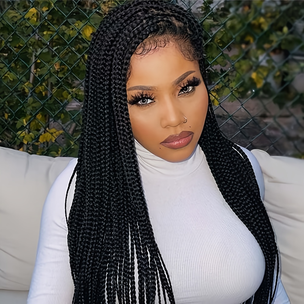 TEMU Newest Design Wig Featuring Double Lace Front Braid, Hand With Knotless Cornrow Braids, Lace Frontal, Black Hair, Offering A , Hairline, Breathable, Comfortable, And Durable, Suitable For Women
