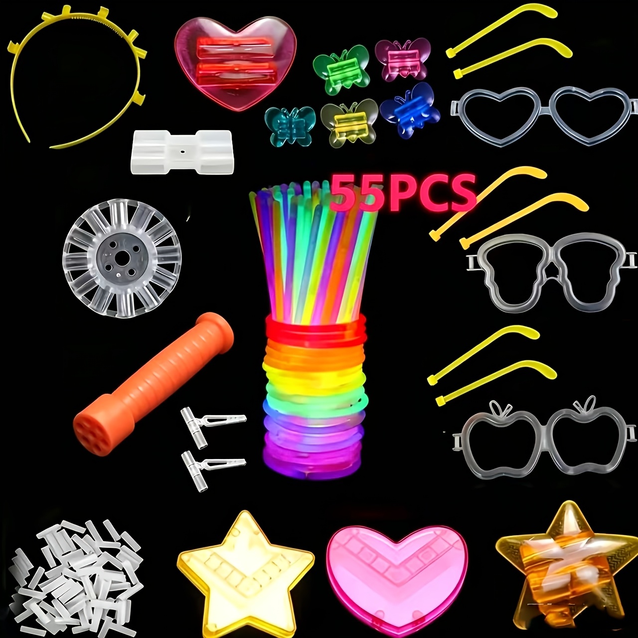 TEMU 55pcs Random -the-dark Party Photo Booth Prop Set, Halloween Glow Stick Party Styling Kit, Holiday Party Supplies, Party Cheer Accessories,