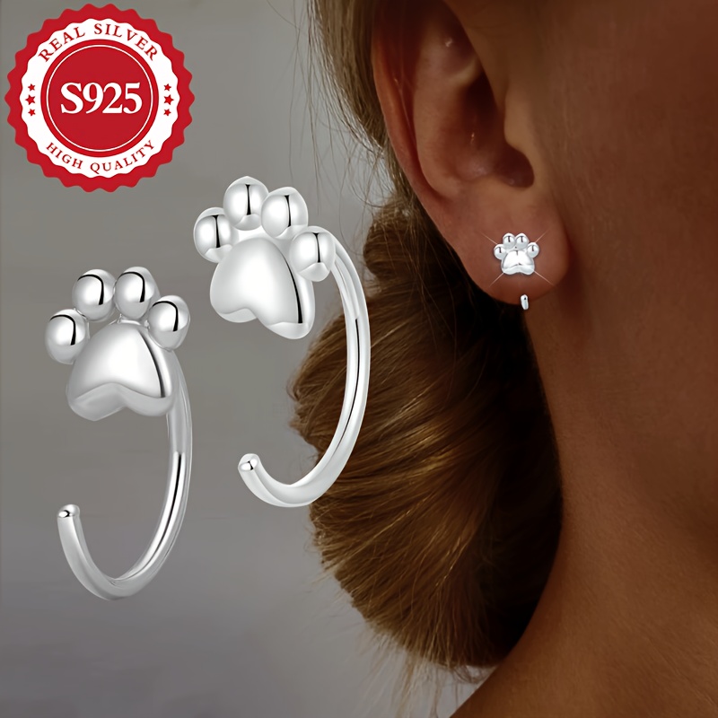 

S925 Sterling Paw Print Stud Earrings For Women, Footprint Hook Earrings, Hypoallergenic, Silver Plated, Ideal For Christmas Gift And Themed Party Accessory - Pair