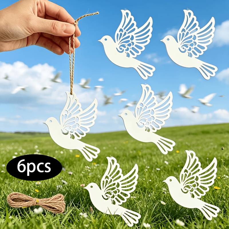 TEMU 6 piezas de palomas blancas de papel cortadas con láser para colgar, para decoración del hogar, decoración de jardín, adornos colgantes -