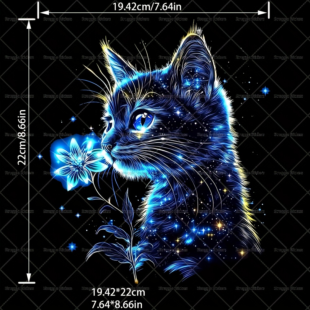 Glowing Cat Smelling Flowers, Space, Starlight, Suitable For Men And Women Patch Heat Transfer Stickers, Washable T-shirts, Jeans, Jackets, Backpacks, Clothes, Hats, Etc., To Make Your Outfits More